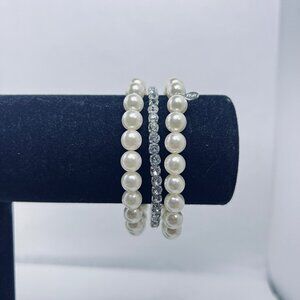 Lot Of 3 Roman Stretch Bracelets 2 Faux Pearl & 1 Silver Tone Rhinestone (5498)